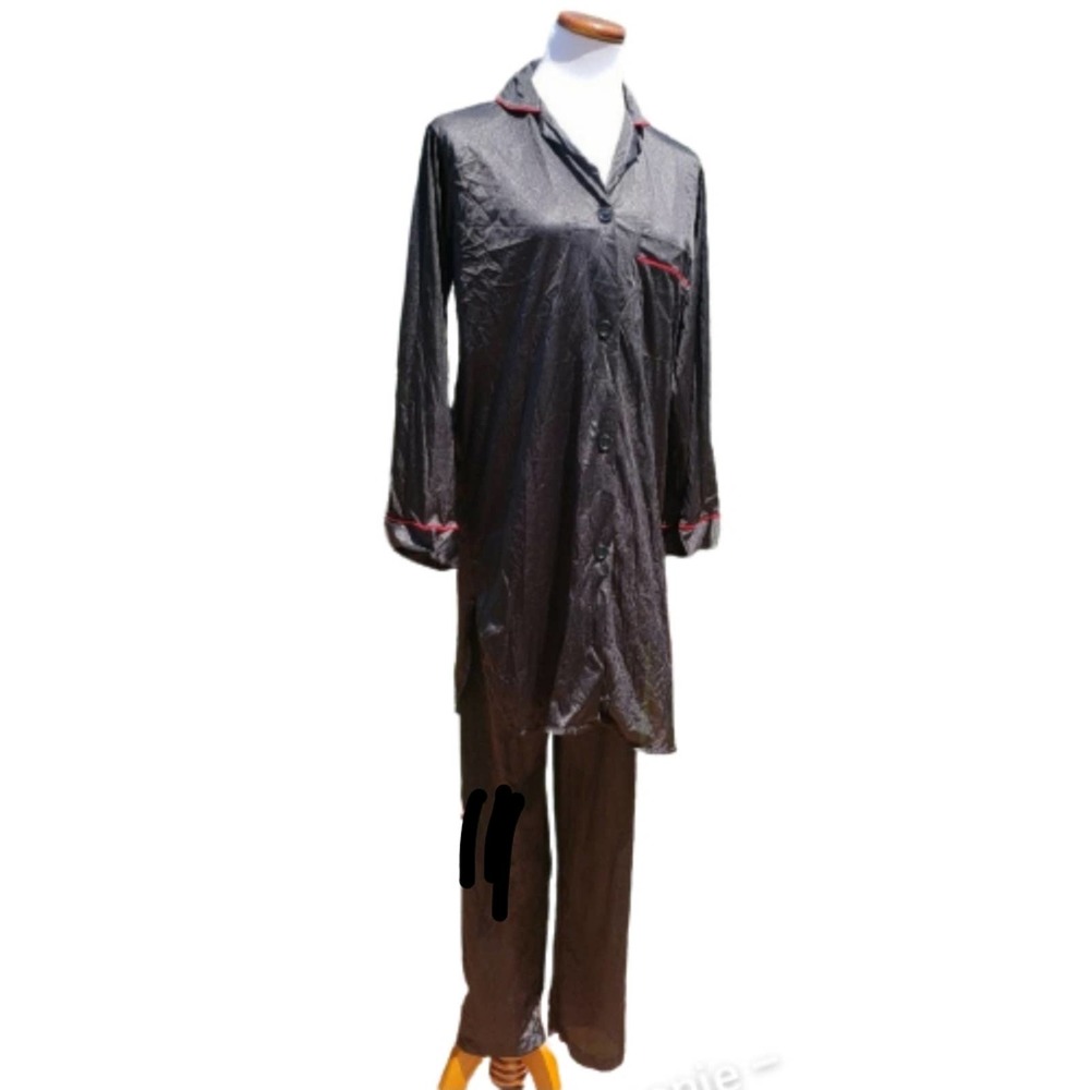 VINTAGE Lounging PJs Black Satin Red Piping Sz M Set